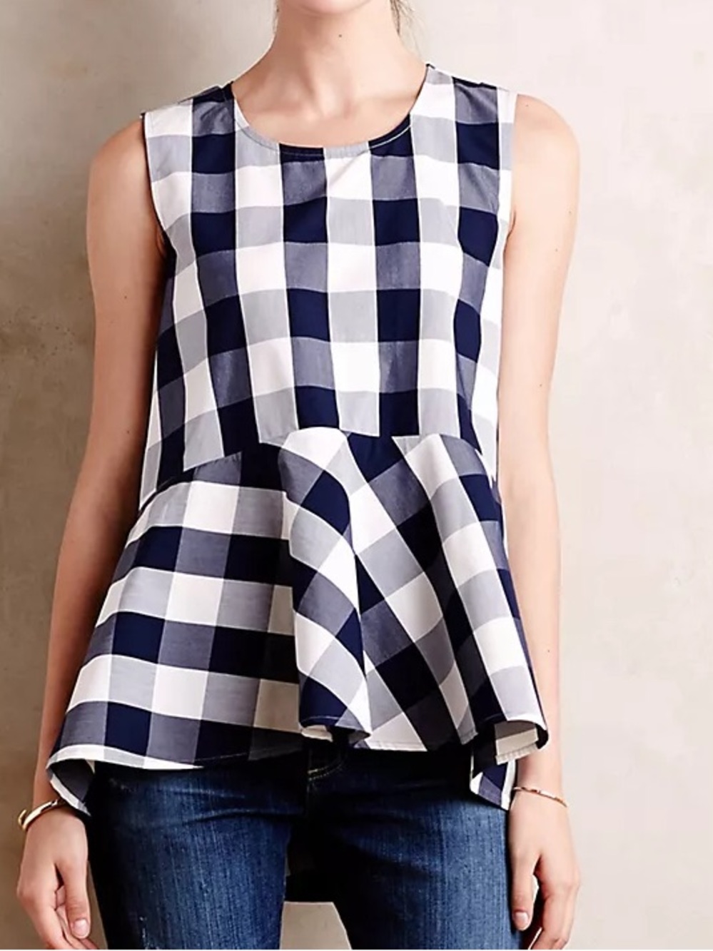 Anthropologie HD in Paris Navy & White Checked Plaid Gingham Peplum Top Size 2
